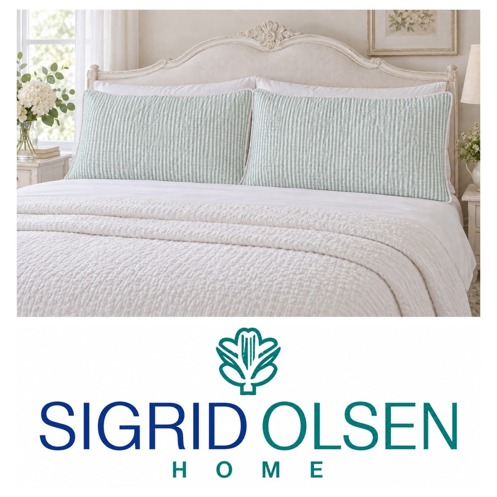 Sigrid Olsen Home Set Of 2 White Green Quilted King Pillow Shams 37" X 21" NWOT
